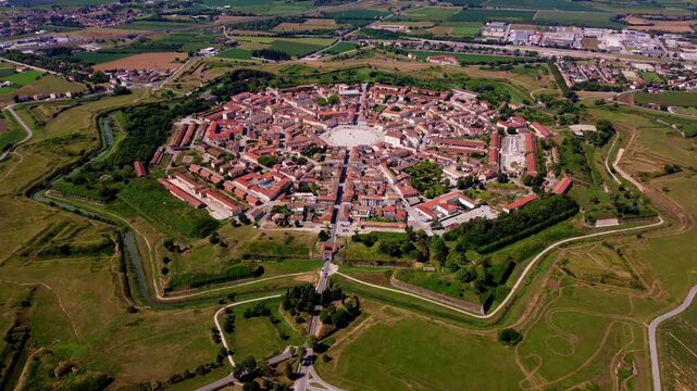 Aerial Drone View of Palmanova Star-Shaped Fortress City in Italy
