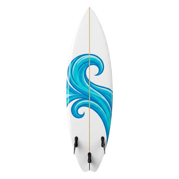 Surfboard with blue wave design with design white surface on transparent background