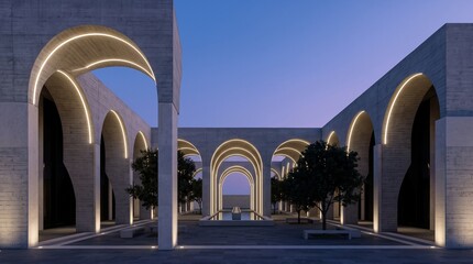 Fototapeta premium modern arched courtyard, illuminated concrete colonnade at nightfall, symmetrical public architecture, contemporary urban property development design.