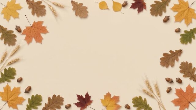Autumn leaves frame pattern animation with falling foliage and acorns on beige background flat lay seasonal decorative footage for thanksgiving holidays.