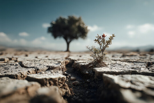 Young desert plant thriving cracked ground representing sustainable growth climate adaptation Image illustration