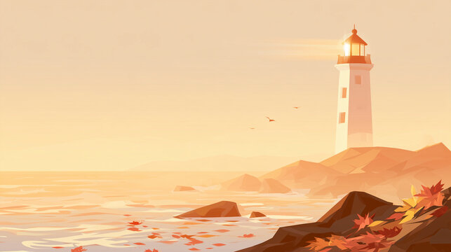 Cheerful flat vector illustration of a lighthouse on a rocky shore in autumn, colorful autumn leaves on the rocks and on the water, gentle waves, sea birds in the distance