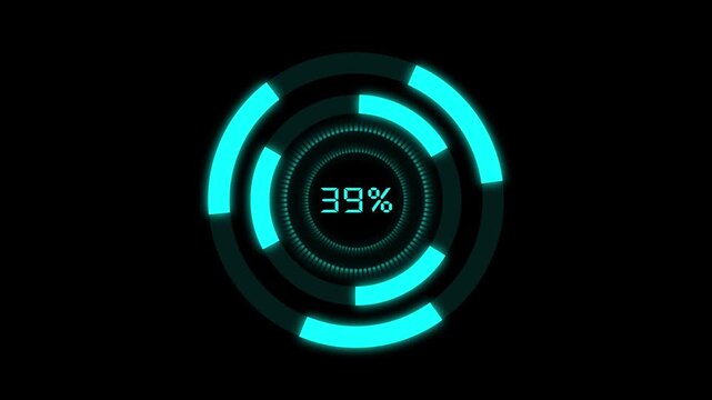 Circular progress bar animation displays cyan percentages on dark. Download buffering updates on circular progress bar. Data transfer status runs on circular progress bar animation.