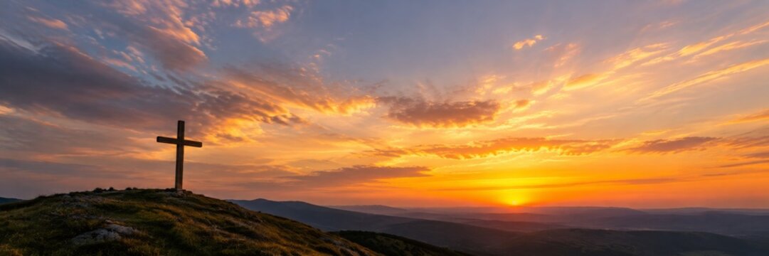 Cross silhouette at dramatic sunset