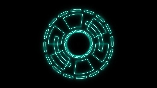 Circular HUD element animation glows with cyan rings on black. Radar telemetry coordinates guide circular HUD element animation. Sci-fi user interface displays use circular HUD element.