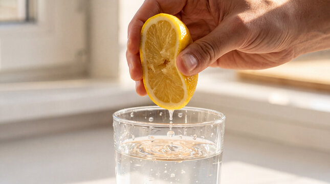 Lemon slice is held by a hand over a glass of clear water to squeeze fresh citrus juice into the beverage.