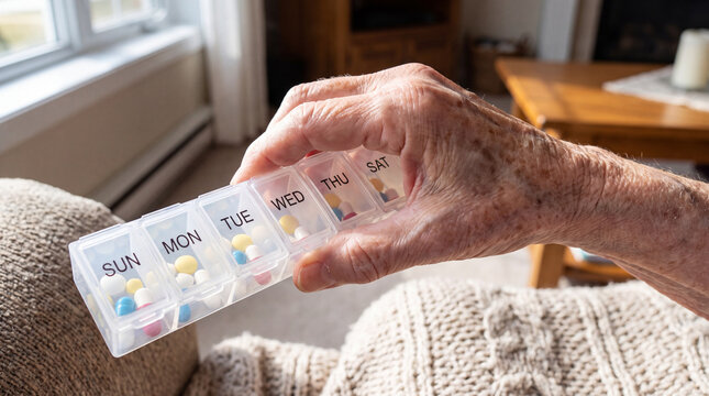 Elderly hand holds a daily pill organizer filled with various colorful medications to maintain a consistent health schedule for seniors.