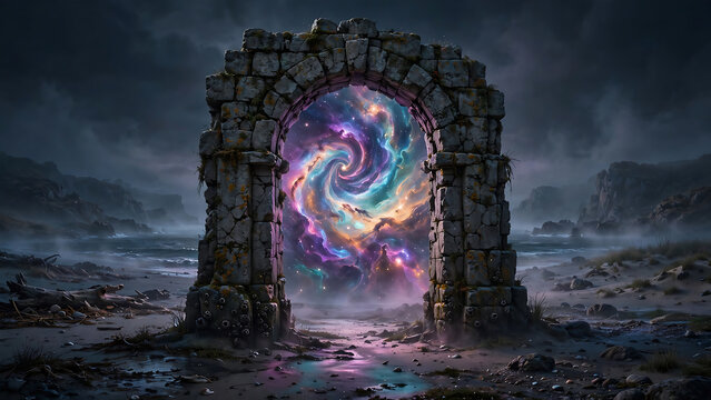 Ancient Stone Arch Portal to a Vibrant Cosmic Galaxy at Night on a Misty Rocky Beach