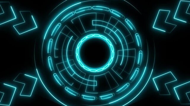 Circular maze animation rotates in blue neon on dark. Navigation puzzle coordinates guide circular maze animation. Cyber user interface graphics power this circular maze.