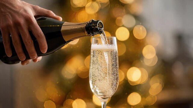 Hand pouring sparkling champagne into glass against blurred Christmas lights bokeh background, close-up shot.