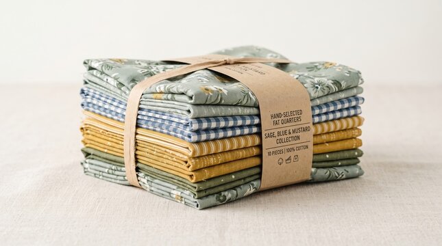 Bundled cotton fat quarters with floral and gingham patterns for sewing crafts. This stack of ten fabric pieces features sage blue and mustard tones for quilting projects.