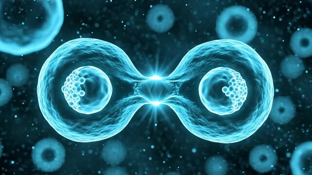 3D digital illustration of biological cell division process mitosis showing splitting cells in glowing blue light