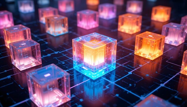 3d neon cube data processor aligned on digital circuit grid