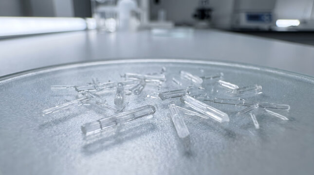 Close-up of allantoin crystals in a laboratory petri dish, representing pharmaceutical research and chemistry