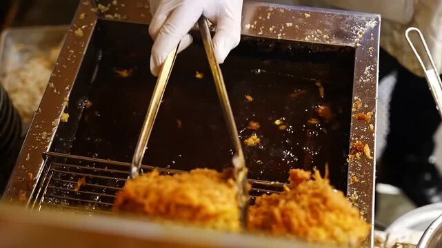 Learn professional culinary steps for preparing delicious Japanese katsudon featuring thick meat cutlets coated in breadcrumbs and deep fried in hot oil until golden brown