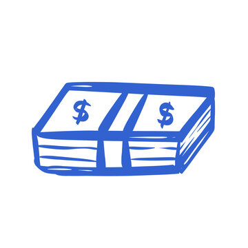 Hand drawn blue stack of cash money vector icon