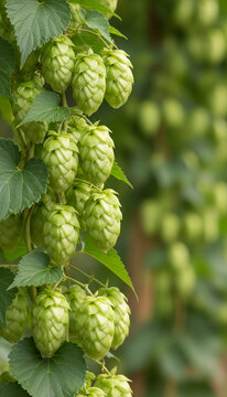 Green hop cones heavy on the bine, everything clean and newly maintained, soft directional daylight