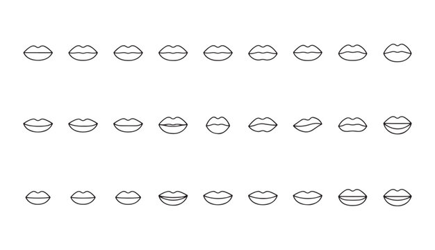 Extensive set of simple line art lips showing various animation frames for speech and lip syncing.