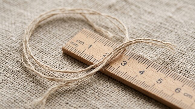 Wooden ruler with twine on linen fabric for sewing and textile craft projects. This rustic composition features a measuring tool on textured cloth for DIY hobbyists.