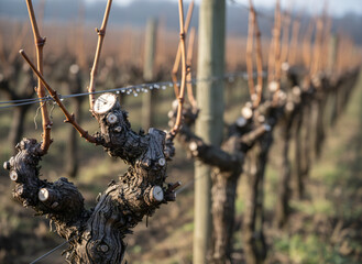 Obraz premium Bare vine rows with fresh pruning cuts, surfaces showing honest wear and use, soft directional daylight