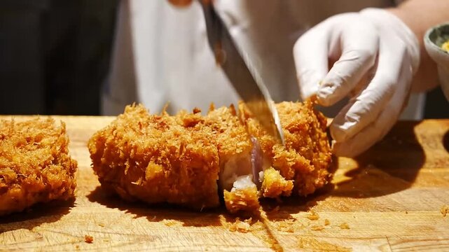 Master culinary steps showing how authentic katsudon bowls are assembled with sliced crispy fried pork cutlets over simmered eggs and rice for restaurant service