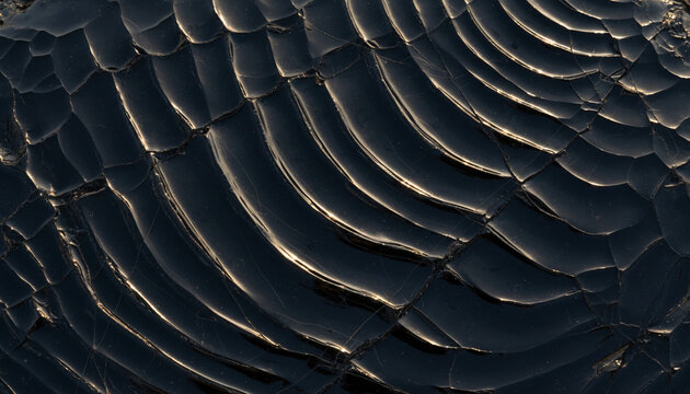 A glassy black obsidian surface with conchoidal fracture, everything clean and newly maintained, warm low-angle light with long shadows