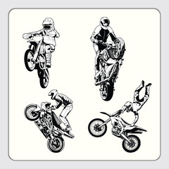 Fototapeta premium Extreme motocross and motorcycle stunt riders black and white vector