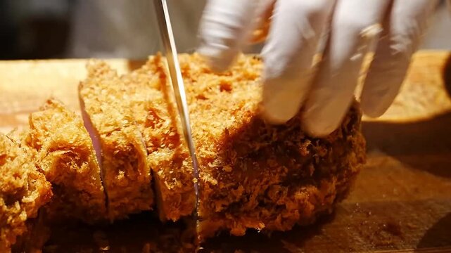 Master culinary steps showing how authentic katsudon bowls are assembled with sliced crispy fried pork cutlets over simmered eggs and rice for restaurant service