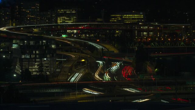 Time Lapse of Portland at Night on the Interchange of I-84