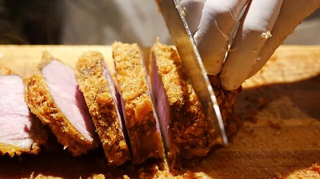 Master culinary steps showing how authentic katsudon bowls are assembled with sliced crispy fried pork cutlets over simmered eggs and rice for restaurant service