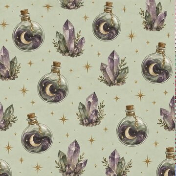 Mystical Moon Potion Bottles and Crystal Clusters Pattern