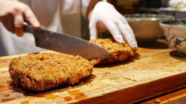 A professional kitchen scene showing a culinary expert slicing a freshly fried crispy pork tonkatsu cutlet into pieces on a rustic wooden cutting board for a traditional meal