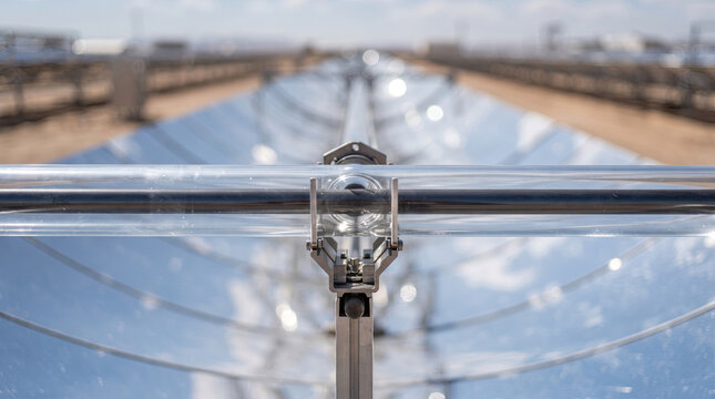 Close up of concentrated solar power parabolic trough receiver tube macro