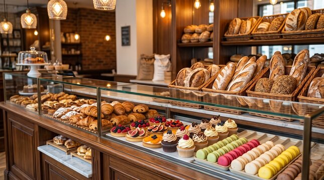 Fresh artisan bread loaves and delicious sweet colorful pastries displayed inside a rustic bakery shop counter
