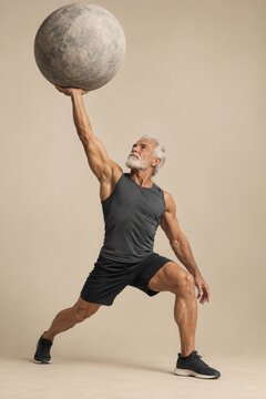 Powerful Senior Man Holding Giant Stone Sphere Overhead