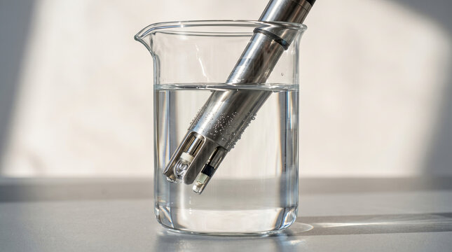 Scientific probe submerged in clear liquid inside a glass beaker in lab