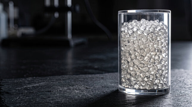 Clear polymer resin pellets in a glass cylinder on dark slate lab bench