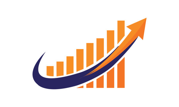 Business growth concept logo with rising orange bar graph and dynamic blue swoosh arrow for corporate success and finance