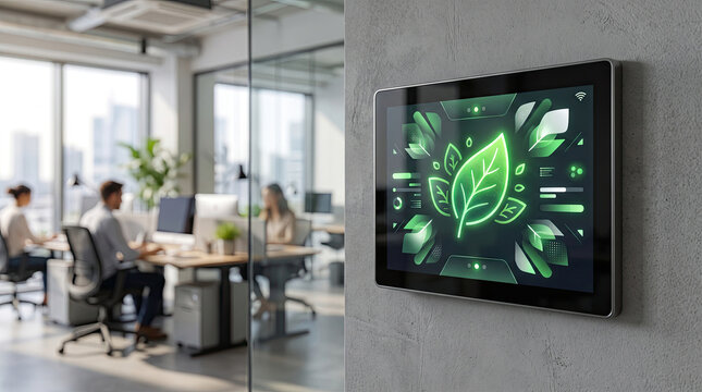 Smart building energy dashboard with green leaf on wall panel in office