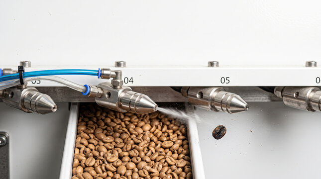 Optical sorter air jet nozzles rejecting a defective coffee bean in line