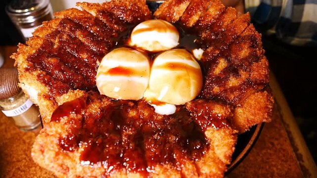 Close up view of a person using chopsticks to dip a piece of fried pork cutlet into a runny egg yolk inside a bowl filled with rice and dark sauce