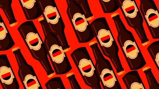 Dynamic Oktoberfest motion background featuring repeating German beer bottles with patriotic labels on a vivid red backdrop