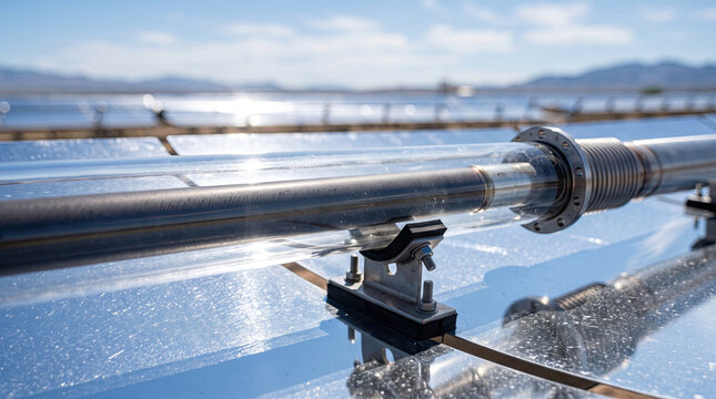 Solar parabolic trough receiver tube with glass envelope in desert field