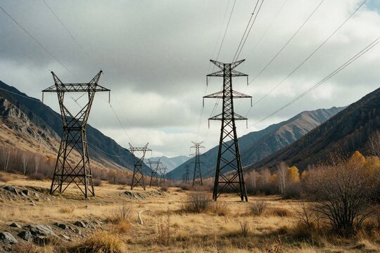 High voltage pylons carry electricity across a vast, dry valley with rolling mountains and autumn trees under a cloudy sky. Power lines stretch into the distance forming industrial infrastructure.