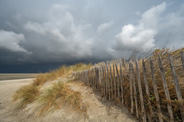 Obraz premium Dunes with wooden fence and dark clouds above on a beach landscape