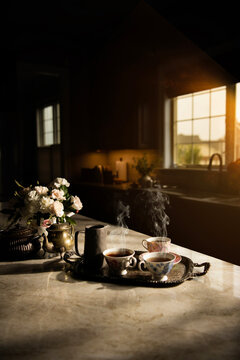 Tea time in a cozy kitchen 