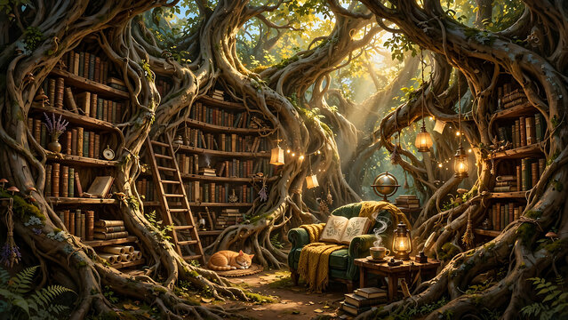 Enchanted Tree Library with Cozy Furniture, Ladder, Sleeping Cat, and Warm Lanterns in Sunlit Forest