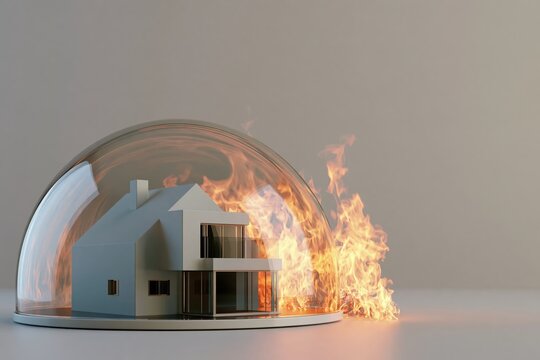 Small blue house under transparent dome with flames outside, fire protection, home insurance, property safety concept.