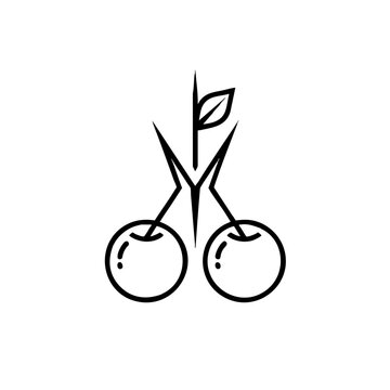 Minimalist linear cherry fruit icon with leaf minimalist illustration monochrome abstract isolated creative branding
