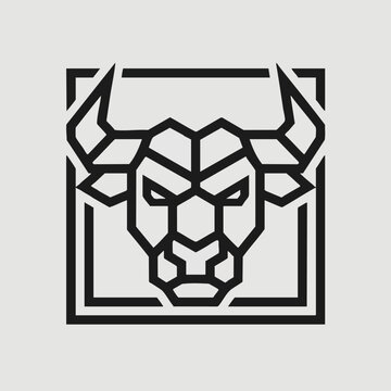Bull head geometric logo inside a square frame with geometric illustration minimalist monochrome strength abstract masculine